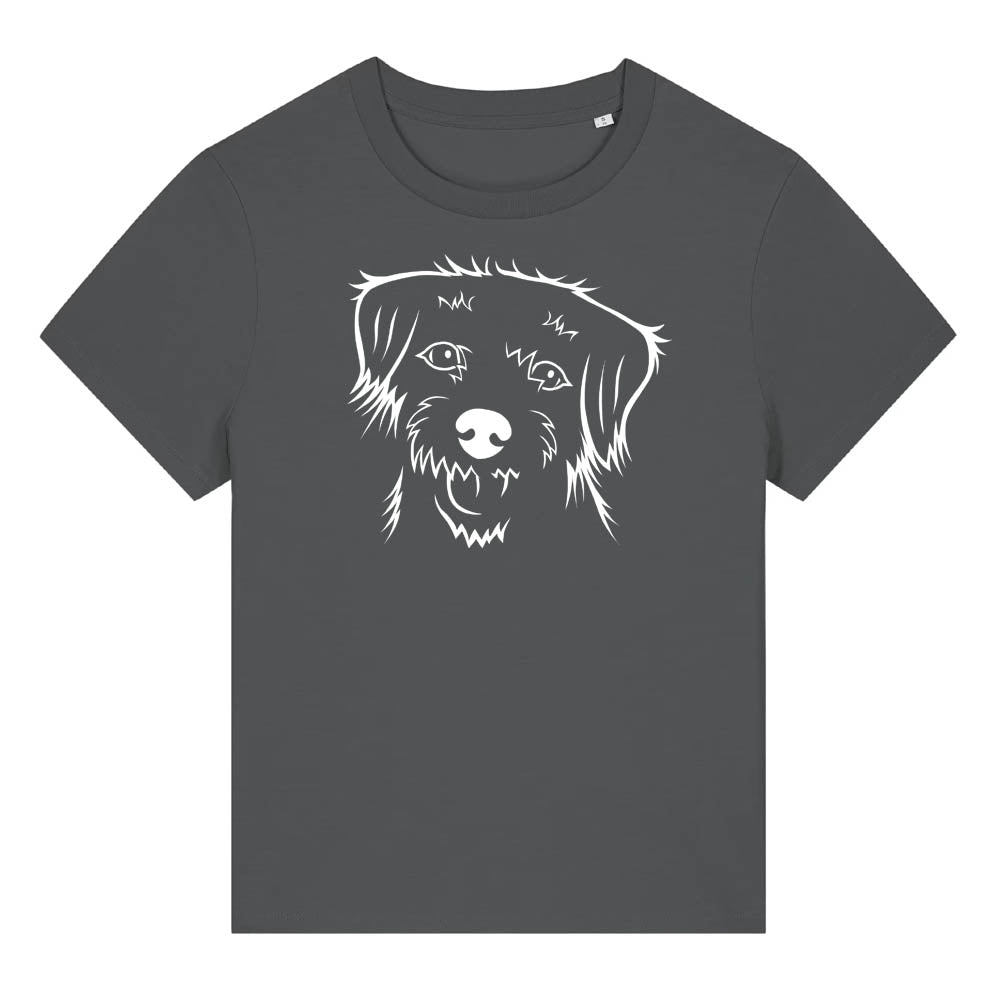 White outline illustration of the head of a Border Terrier on the front of an anthracite grey ladies t-shirt