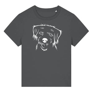 White outline illustration of the head of a Border Terrier on the front of an anthracite grey ladies t-shirt