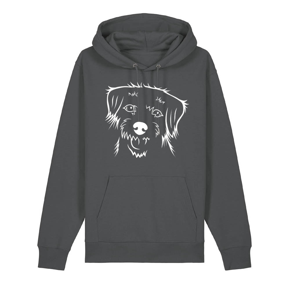 White outline illustration of the head of a Border Terrier on the front of an anthracite grey unisex Hoodie