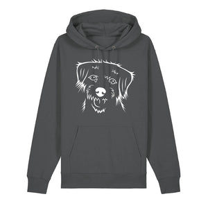 White outline illustration of the head of a Border Terrier on the front of an anthracite grey unisex Hoodie