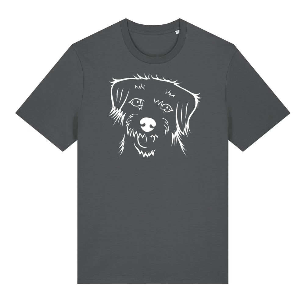 White outline illustration of the head of a Border Terrier on the front of an anthracite grey unisex t-shirt