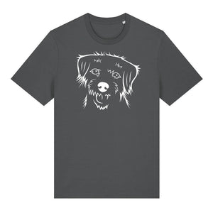 White outline illustration of the head of a Border Terrier on the front of an anthracite grey unisex t-shirt