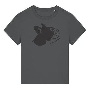 Black outline illustration of the head of a Boston Terrier on the front of an anthracite grey ladies t-shirt