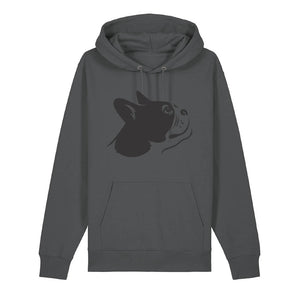 Black outline illustration of the head of a Boston Terrier on the front of an anthracite grey unisex Hoodie