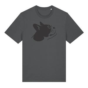 Black outline illustration of the head of a Boston Terrier on the front of an anthracite grey unisex t-shirt