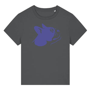 Blue outline illustration of the head of a Boston Terrier on the front of an anthracite grey ladies t-shirt