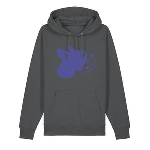 Blue outline illustration of the head of a Boston Terrier on the front of an anthracite grey unisex Hoodie