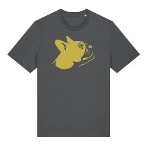 Gold outline illustration of the head of a Boston Terrier on the front of an anthracite grey unisex t-shirt