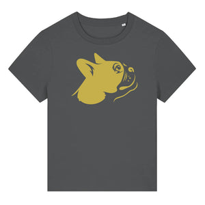 Gold outline illustration of the head of a Boston Terrier on the front of an anthracite grey ladies t-shirt