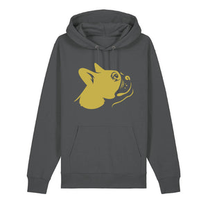 Gold outline illustration of the head of a Boston Terrier on the front of an anthracite grey unisex Hoodie