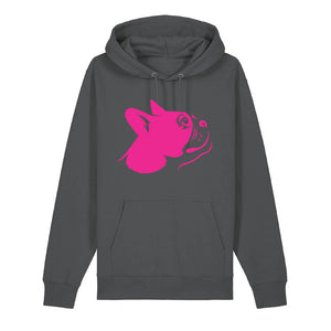 Magenta outline illustration of the head of a Boston Terrier on the front of an anthracite grey unisex Hoodie