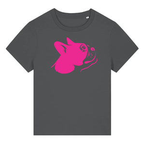 Magenta outline illustration of the head of a Boston Terrier on the front of an anthracite grey ladies t-shirt