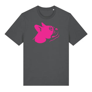 Magenta outline illustration of the head of a Boston Terrier on the front of an anthracite grey unisex t-shirt
