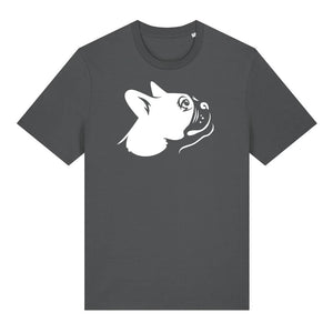 White outline illustration of the head of a Boston Terrier on the front of an anthracite grey unisex t-shirt
