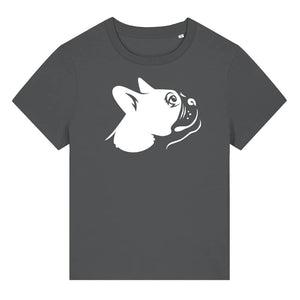 White outline illustration of the head of a Boston Terrier on the front of an anthracite grey ladies t-shirt