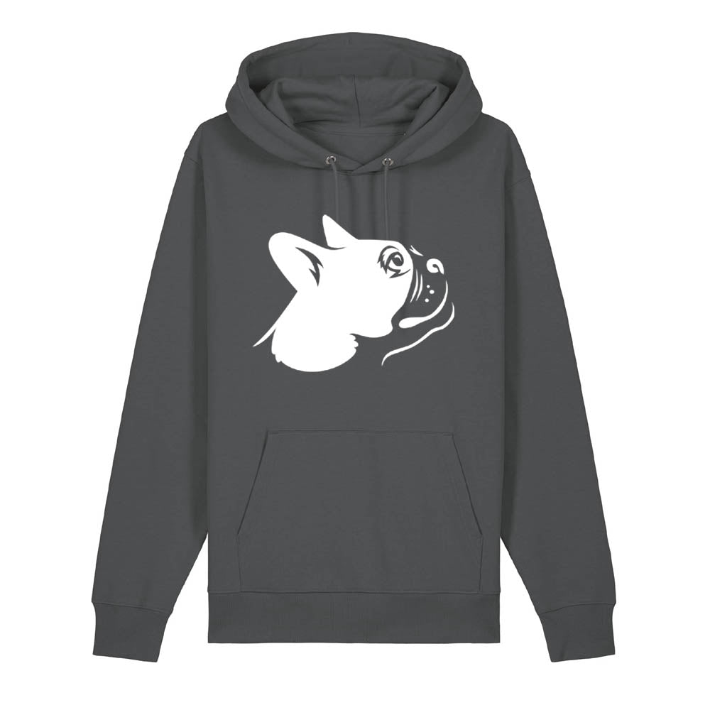 White outline illustration of the head of a Boston Terrier on the front of an anthracite grey unisex Hoodie