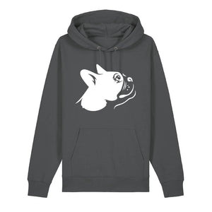 White outline illustration of the head of a Boston Terrier on the front of an anthracite grey unisex Hoodie