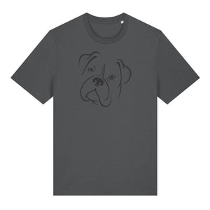 Black outline illustration of the head of a Boxer on the front of an anthracite grey unisex t-shirt