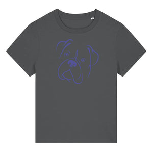 Blue outline illustration of the head of a Boxer dog on the front of an anthracite grey ladies t-shirt