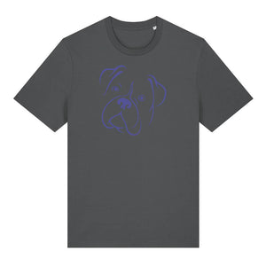 Blue outline illustration of the head of a Boxer on the front of an anthracite grey unisex t-shirt