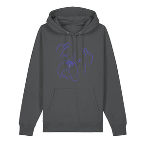 Blue outline illustration of the head of a Boxer on the front of an anthracite grey unisex Hoodie