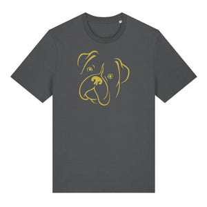 Gold outline illustration of the head of a Boxer on the front of an anthracite grey unisex t-shirt