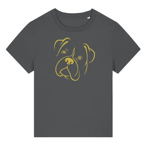 Gold outline illustration of the head of a Boxer dog on the front of an anthracite grey ladies t-shirt