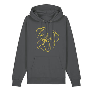 Gold outline illustration of the head of a Boxer on the front of an anthracite grey unisex Hoodie