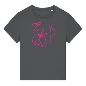 Magenta outline illustration of the head of a Boxer dog on the front of an anthracite grey ladies t-shirt