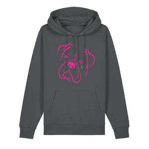 Magenta outline illustration of the head of a Boxer on the front of an anthracite grey unisex Hoodie
