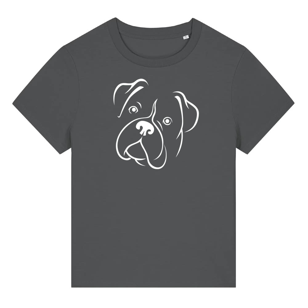 White outline illustration of the head of a Boxer dog on the front of an anthracite grey ladies t-shirt