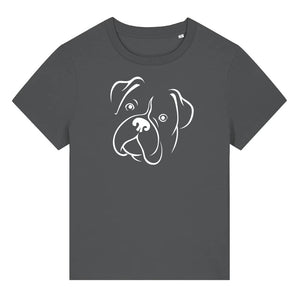 White outline illustration of the head of a Boxer dog on the front of an anthracite grey ladies t-shirt