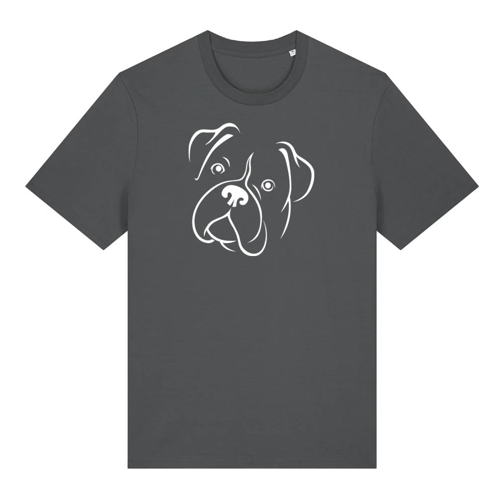 White outline illustration of the head of a Boxer on the front of an anthracite grey unisex t-shirt