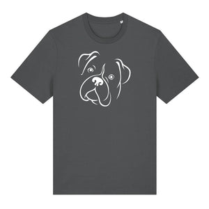 White outline illustration of the head of a Boxer on the front of an anthracite grey unisex t-shirt