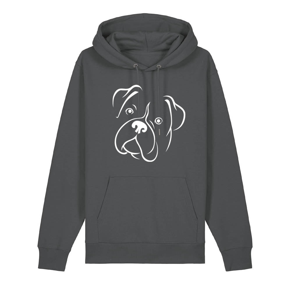 White outline illustration of the head of a Boxer on the front of an anthracite grey unisex Hoodie