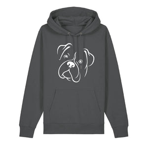 White outline illustration of the head of a Boxer on the front of an anthracite grey unisex Hoodie
