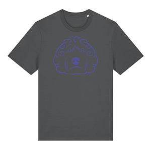 Blue outline illustration of the head of a Cockapoo on the front of an anthracite grey unisex t-shirt