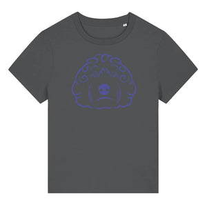 Blue outline illustration of the head of a Cockapoo dog on the front of an anthracite grey ladies t-shirt