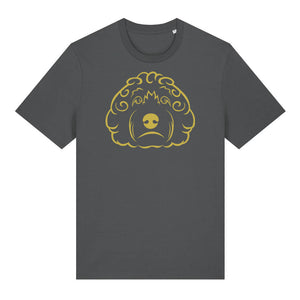 Gold outline illustration of the head of a Cockapoo on the front of an anthracite grey unisex t-shirt