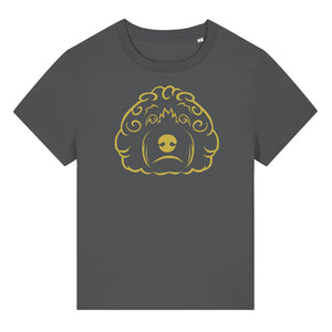 Gold outline illustration of the head of a Cockapoo dog on the front of an anthracite grey ladies t-shirt