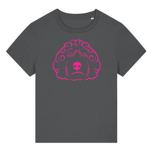 Magenta outline illustration of the head of a Cockapoo dog on the front of an anthracite grey ladies t-shirt
