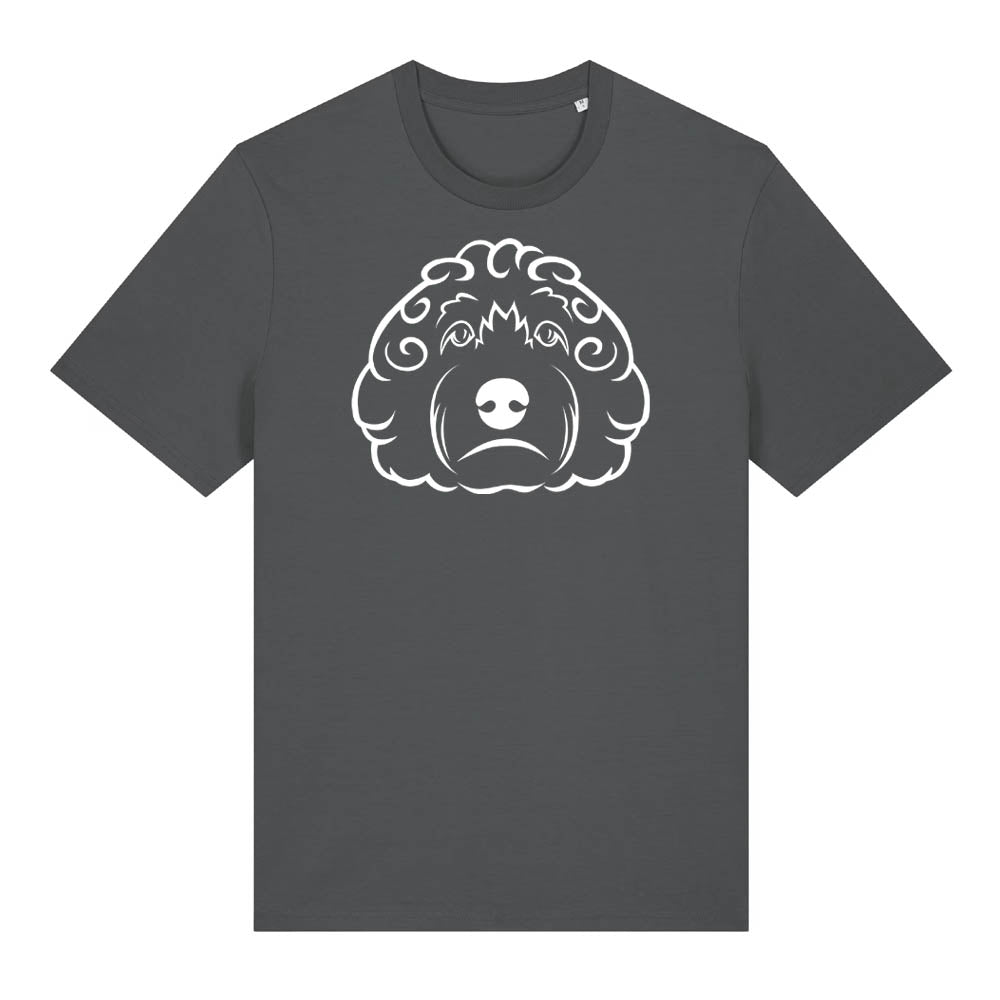 White outline illustration of the head of a Cockapoo on the front of an anthracite grey unisex t-shirt