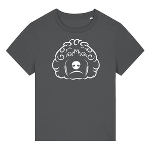 White outline illustration of the head of a Cockapoo dog on the front of an anthracite grey ladies t-shirt