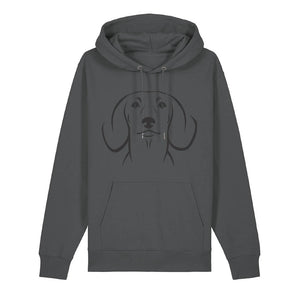 Black outline illustration of the head of a Dachshund on the front of an anthracite grey unisex Hoodie