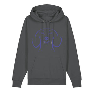 Blue outline illustration of the head of a Dachshund on the front of an anthracite grey unisex Hoodie
