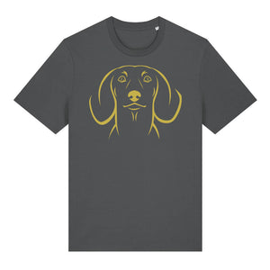 Gold outline illustration of the head of a Dachshund on the front of an anthracite grey unisex t-shirt