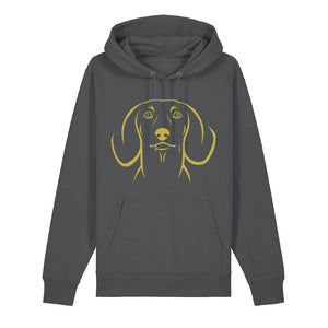 Gold outline illustration of the head of a Dachshund on the front of an anthracite grey unisex Hoodie