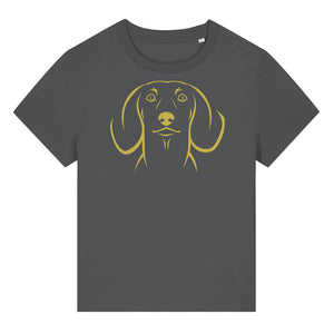 Gold outline illustration of the head of a Dachshund on the front of an anthracite grey ladies t-shirt