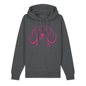 Magenta outline illustration of the head of a Dachshund on the front of an anthracite grey unisex Hoodie