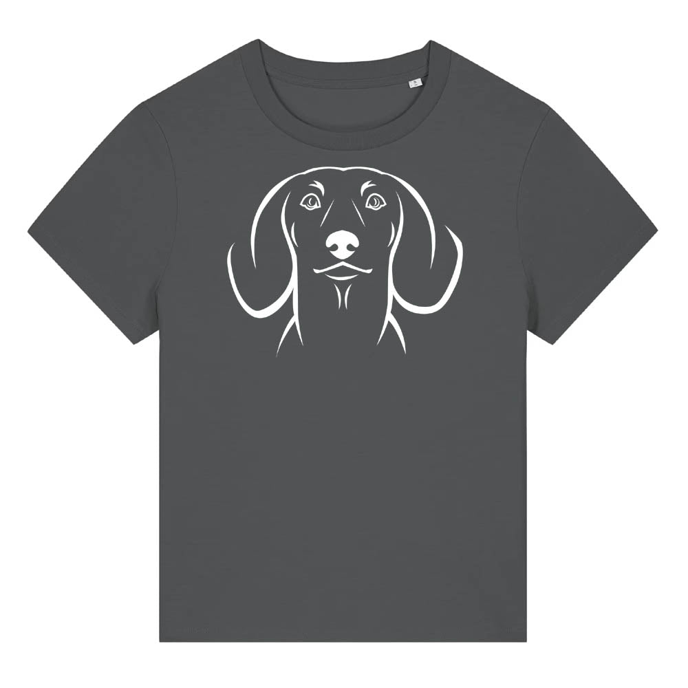 White outline illustration of the head of a Dachshund on the front of an anthracite grey ladies t-shirt
